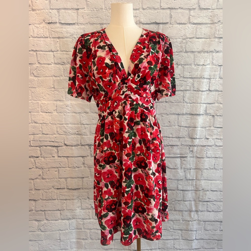 Romantic Floral Mini Dress Red & Pink Roses Empire Waist Low Cut Deep V-Neck - Picture 3 of 15